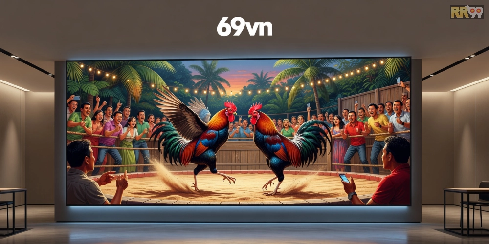 Minh họa khái niệm đá gà trực tiếp 69vn với hình ảnh trường gà hiện đại và màn hình phát sóng